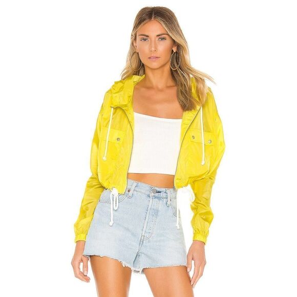 Lovers and Friends Bonnie Womens Neon Yellow New Cropped hooded Zip raincoat XL - Picture 7 of 7